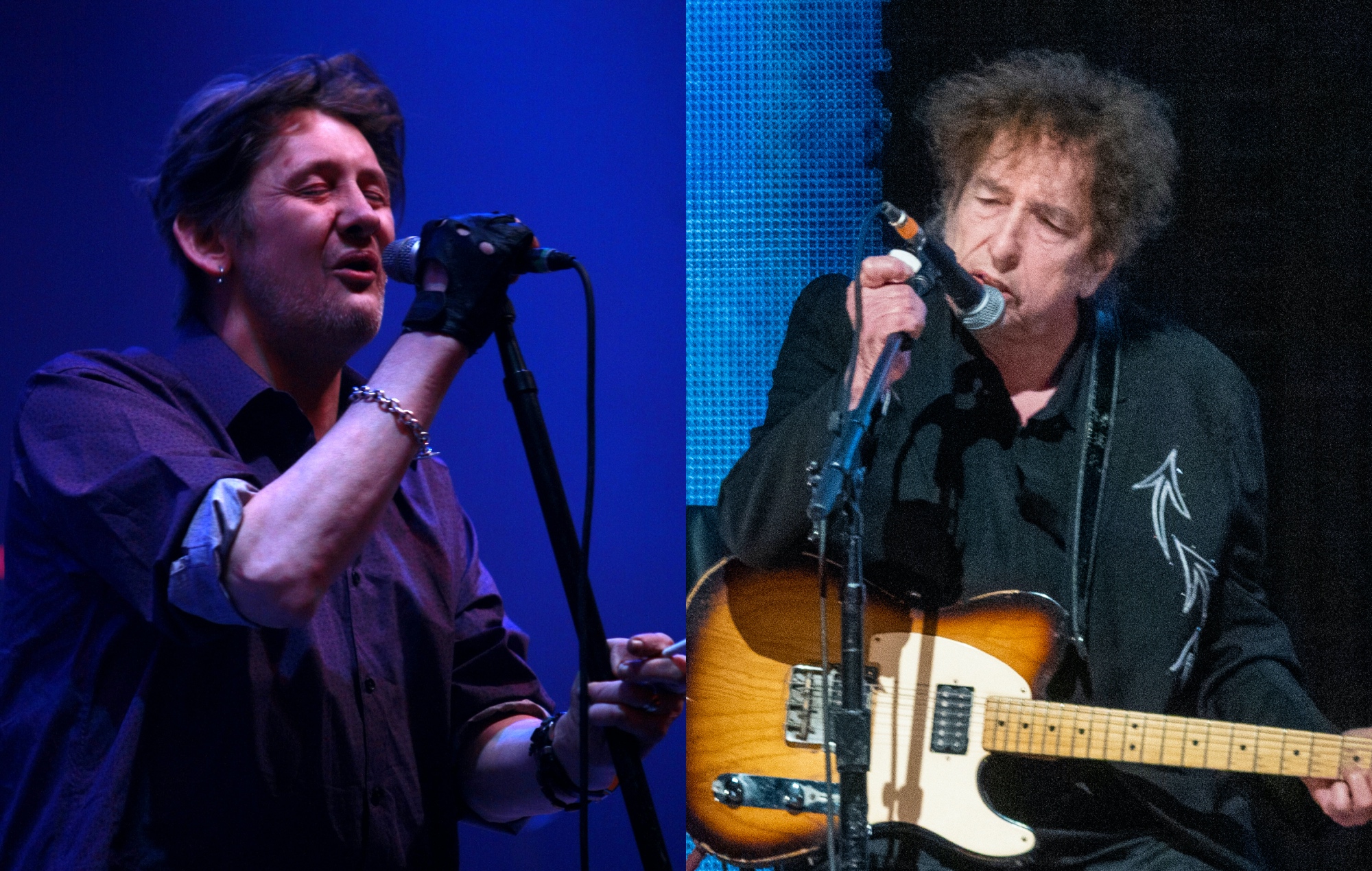 two side by side images of Shane MacGowan (left) and Bob Dylan (right) performing live on stage