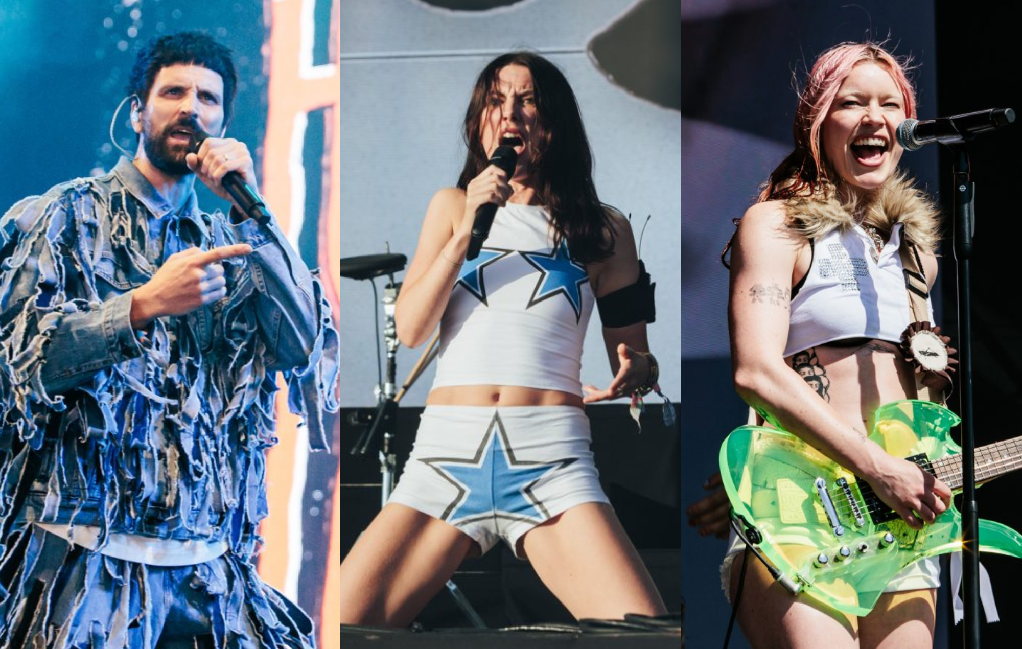 three side by side photographs of Kasabian (left), Wolf Alice (centre) and Wet Leg (right) performing live on stage