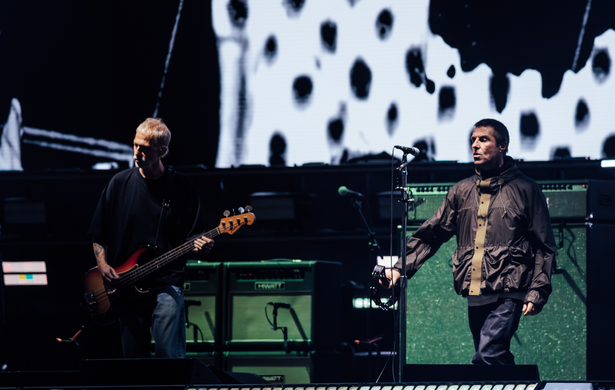 Andy Bell and Liam Gallagher at the first stop of the Oasis Live 25 reunion tour in Cardiff Wales on July 4 2025