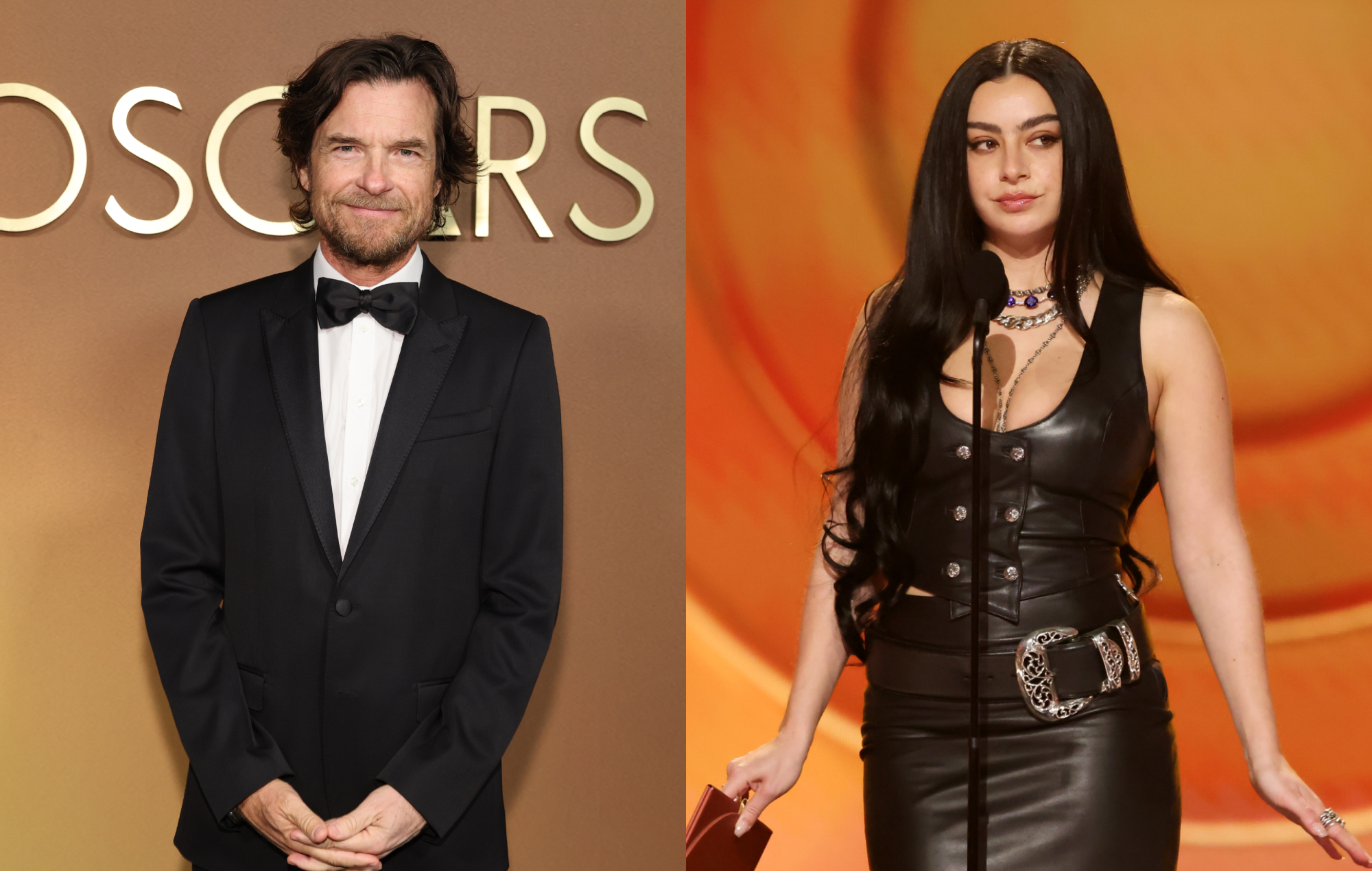 two side by side photographs of Jason Bateman (left) and Charli XCX (right)