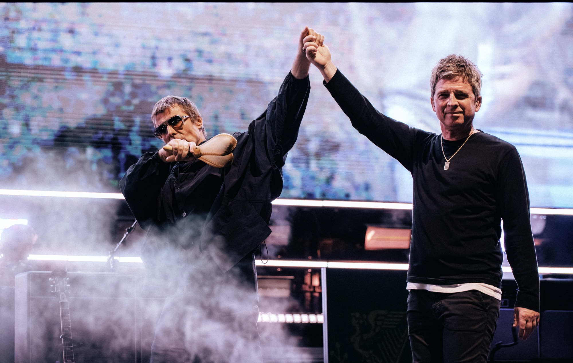 Liam and Noel Gallagher live on stage with Oasis, photo by Big Brother Recordings