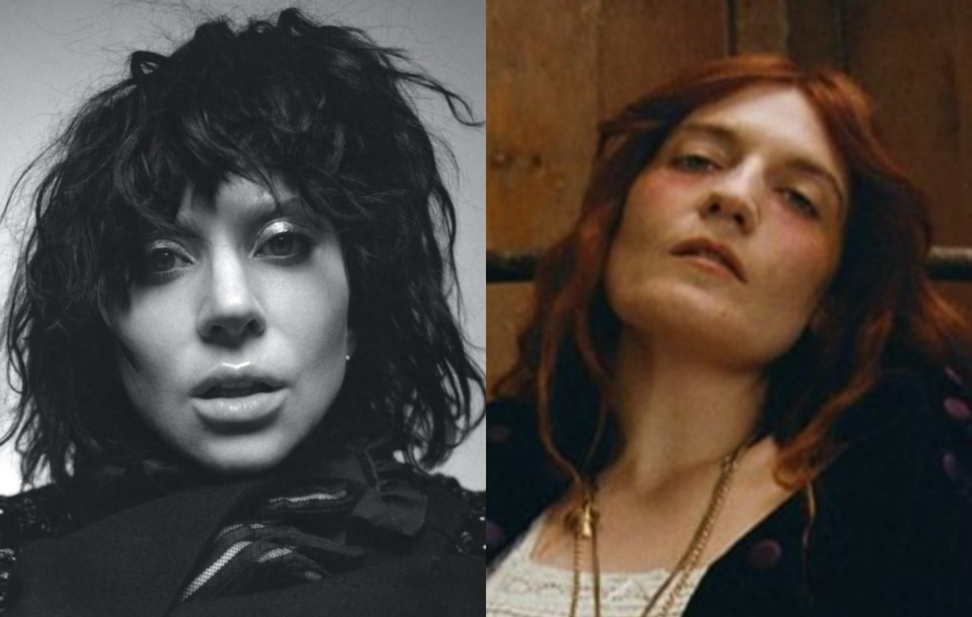 two side by side press photographs of Lady Gaga (left) and Florence + The Machine (right)