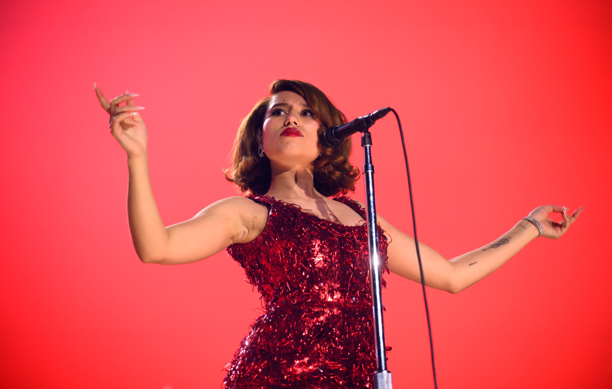 Raye performing at Paris' Accor Arena on February 15, 2026