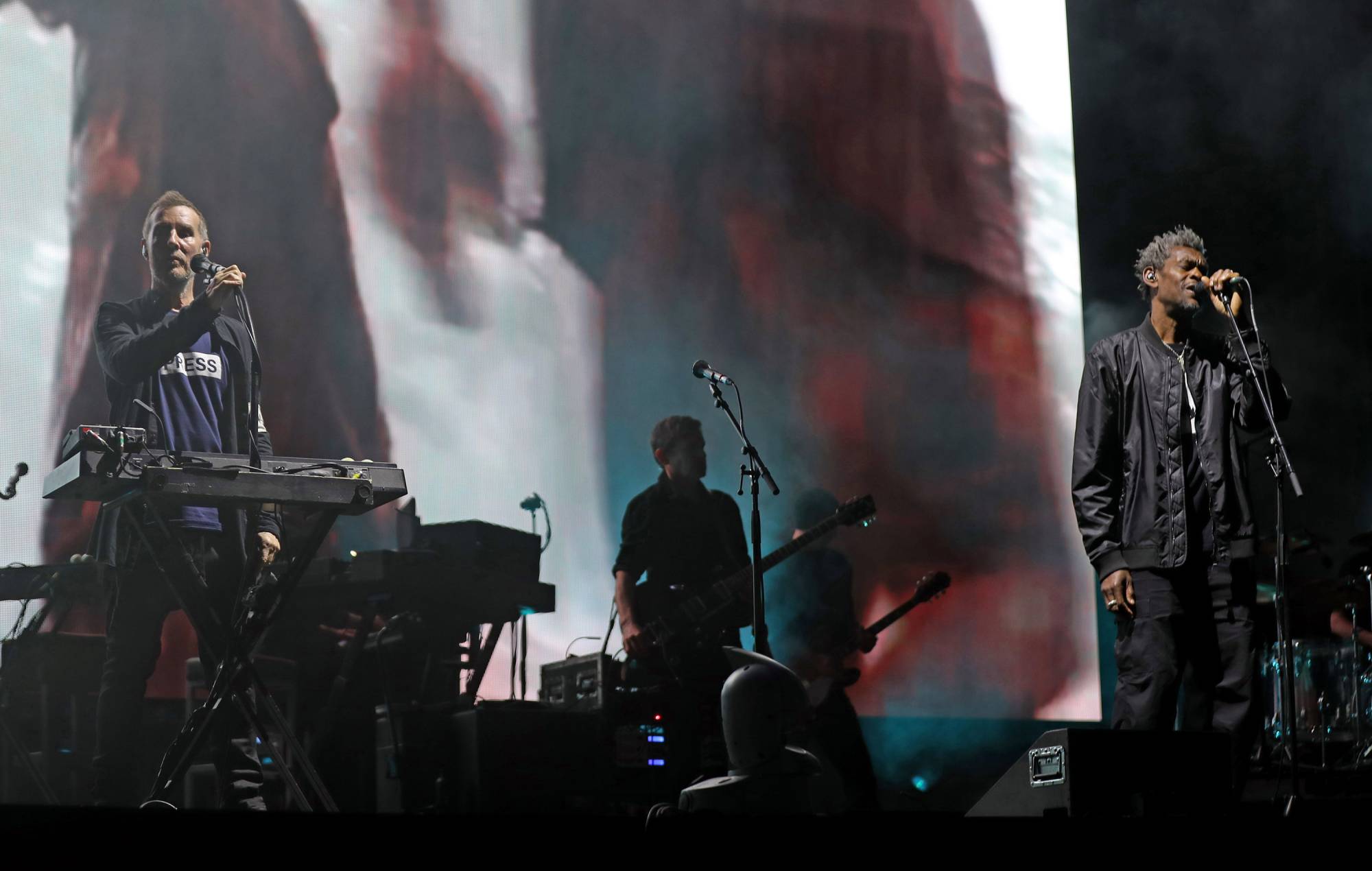 Robert Del Naja and Grant Marshall of Massive Attack perform onstage during Lido Festival at Lido Field on June 06, 2025 in London, England. (Photo by James Smith/Sam Snap/Getty Images)