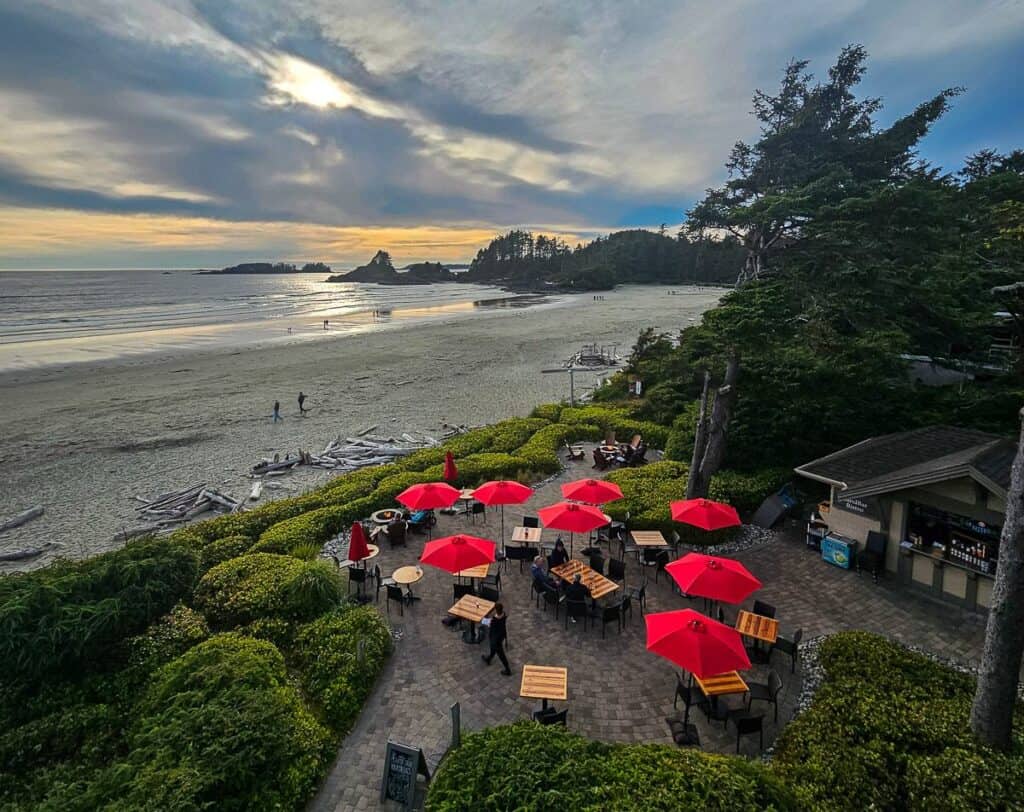 The view from Long Beach Lodge of Cox Bay Beach at sunset