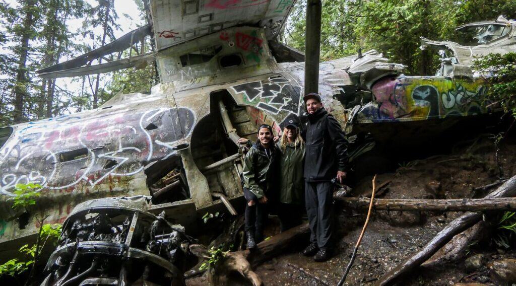 Family members in front of the bomber - one of the more unusual hikes in Tofino