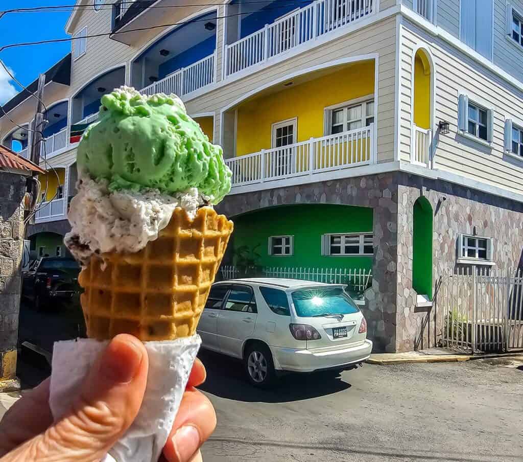 My pistachio ice cream is the same colour as one of the buildings in Charlestown on Nevis