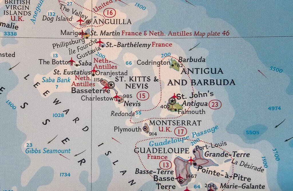 Location map of St. Kitts and Nevis in relation to Antigua and Guadeloupe
