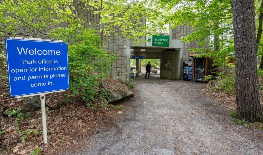 Frontenac Provincial Park headquarters where you can pick up permits and maps for overnight canoeing trips