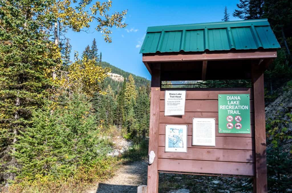 Trailhead signage at the parking area for Diana Lake