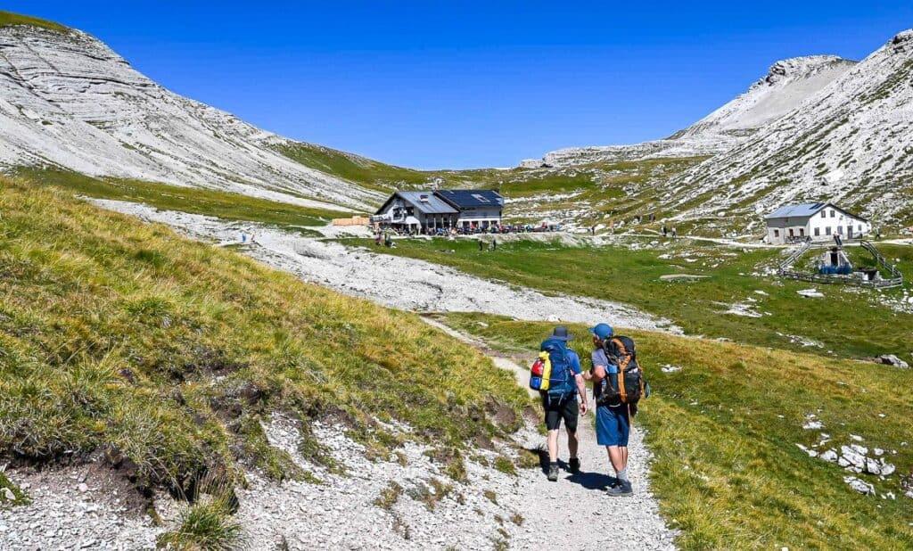 Almost at Puez Hut on the Alta Via 2 - a popular hut for day hikers to visit for food and drink