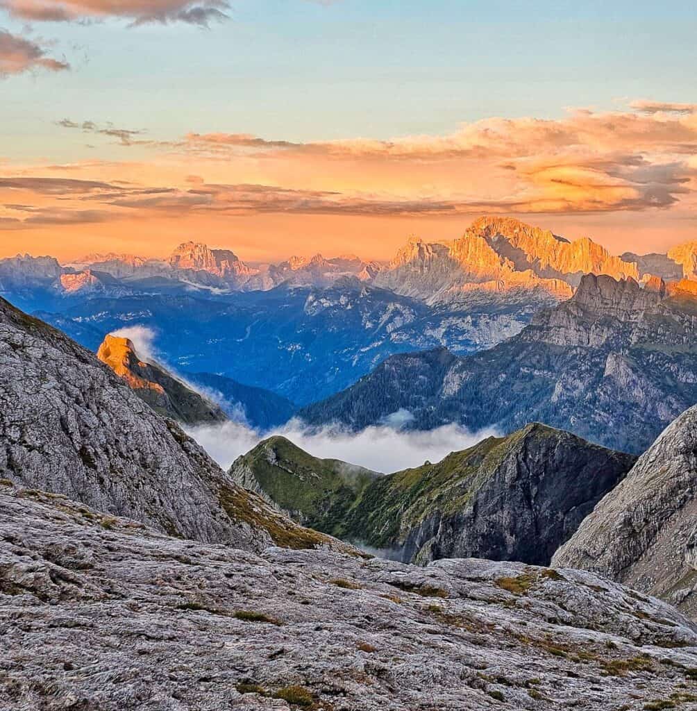 View from Rifugio Mulaz at sunset