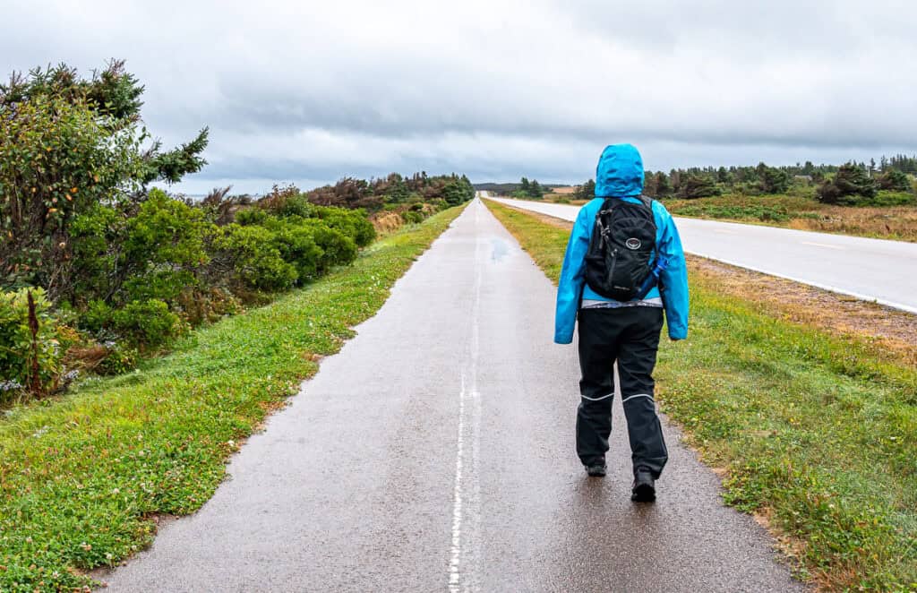 Taking the Island Walk into Prince Edward Island National Park on a wet day