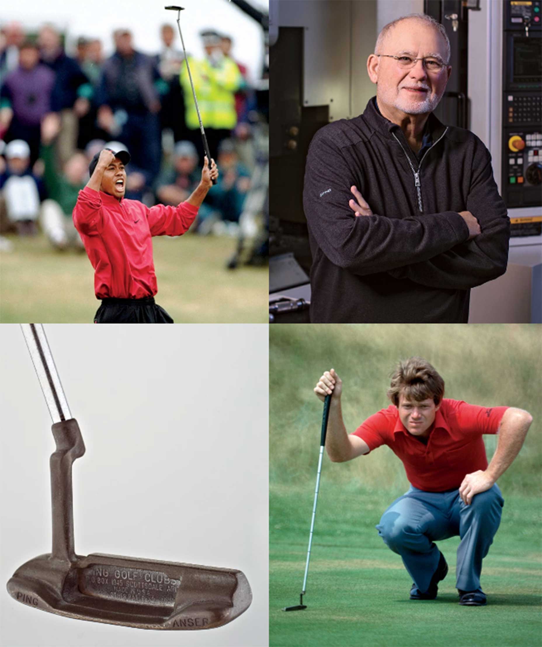 Clockwise from top right: John A. in 2022; Tom Watson and his trusty PING Pal; an original Scottsdale Anser, circa 1966; and a pumped Tiger, Anser 2 in hand, at the 1998 Open Championship at Royal Birkdale.
