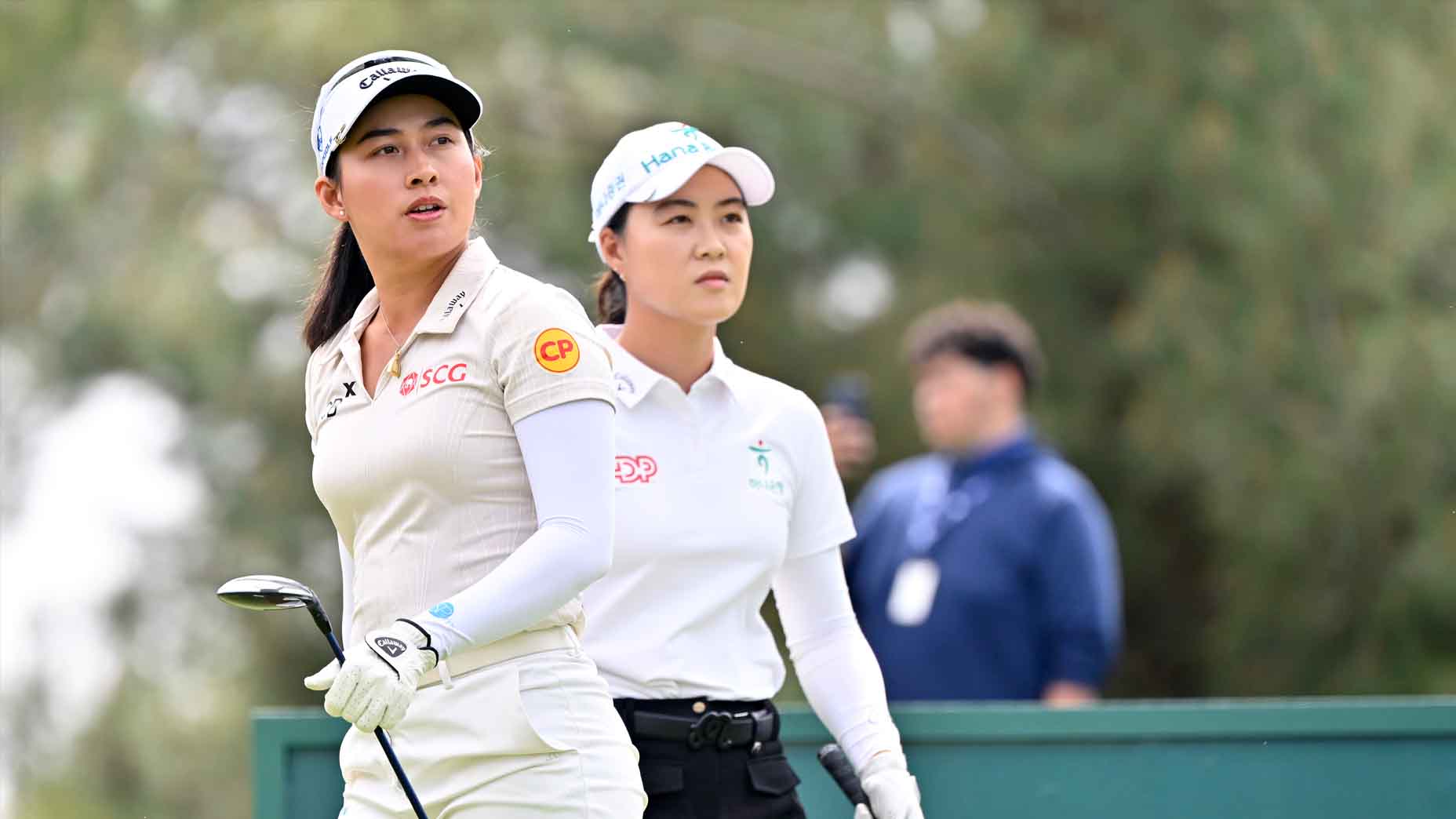 Jeeno Thitikul watches a tee shot at the Aramco Championship