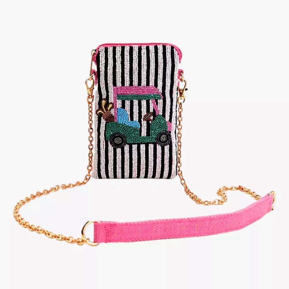 A small, beaded crossbody bag with a gold chain strap, pink fabric shoulder pad, black and white stripes, and an embroidered green golf cart with two dogs&mdash;perfect for Mother's Day gifts and stylish gifts under $50.