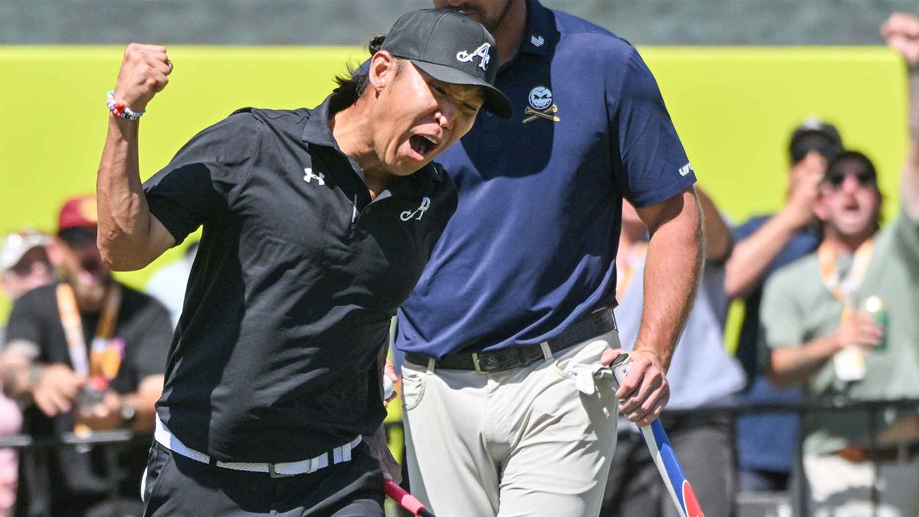 anthony kim fist pumps at LIV Australia in victory