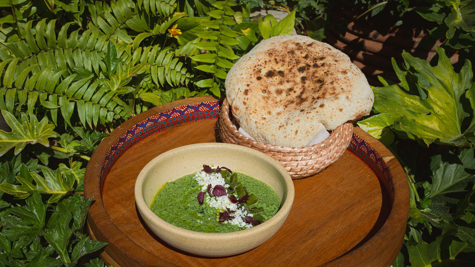 A bowl of green dip garnished with herbs and crumbled cheese sits next to a basket of flatbread on a wooden tray, surrounded by lush green plants&mdash;perfect for sharing delicious bites after exploring Mexican golf destinations.