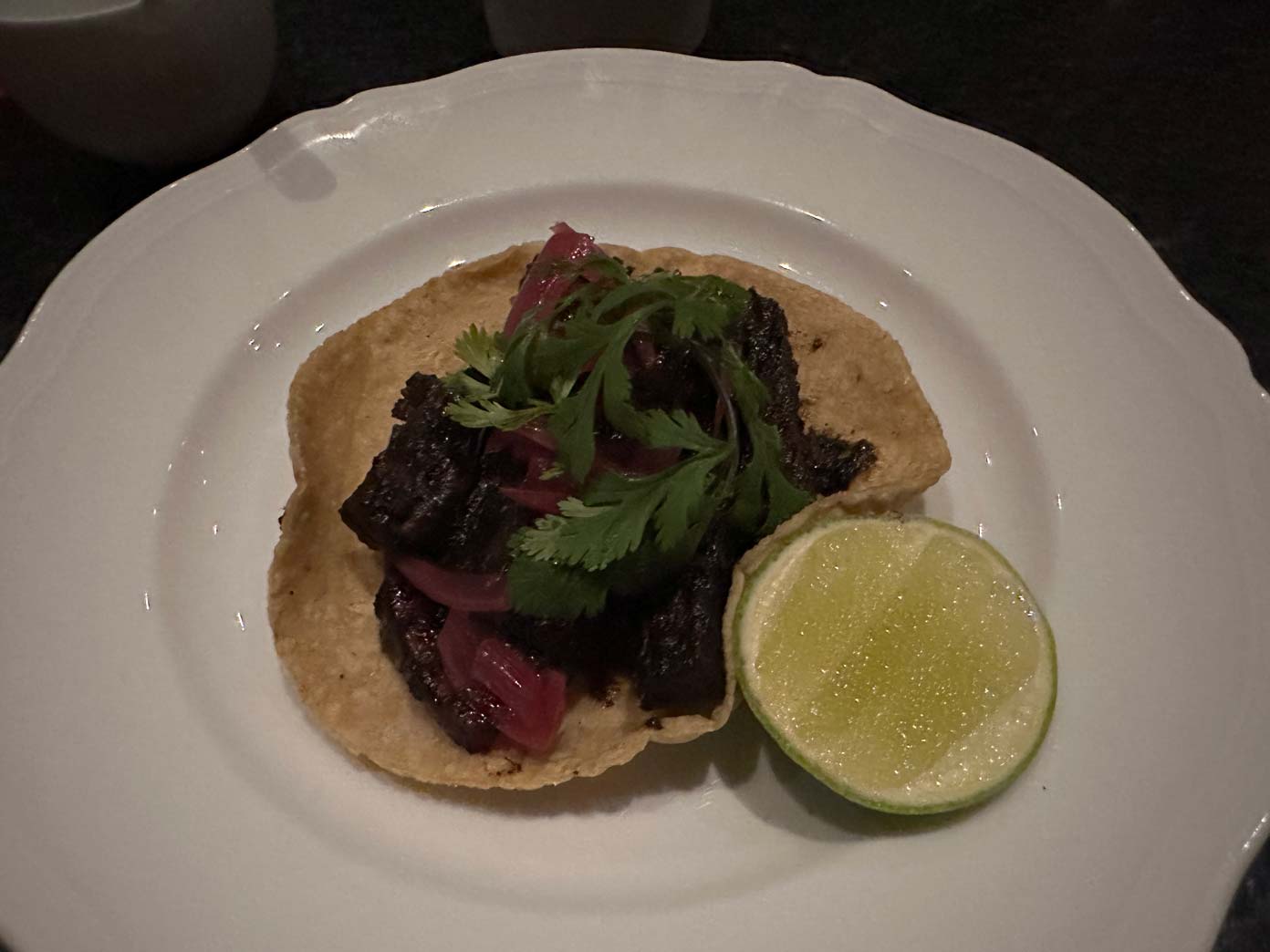 A crispy tortilla topped with dark grilled meat, pickled red onions, and fresh cilantro, served with half a lime on a white plate&mdash;perfect for enjoying delicious bites after a day at the best Mexican golf destinations.