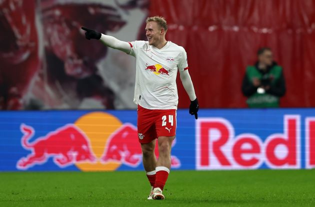 Xaver Schlager celebrates scoring a goal for RB Leipzig
