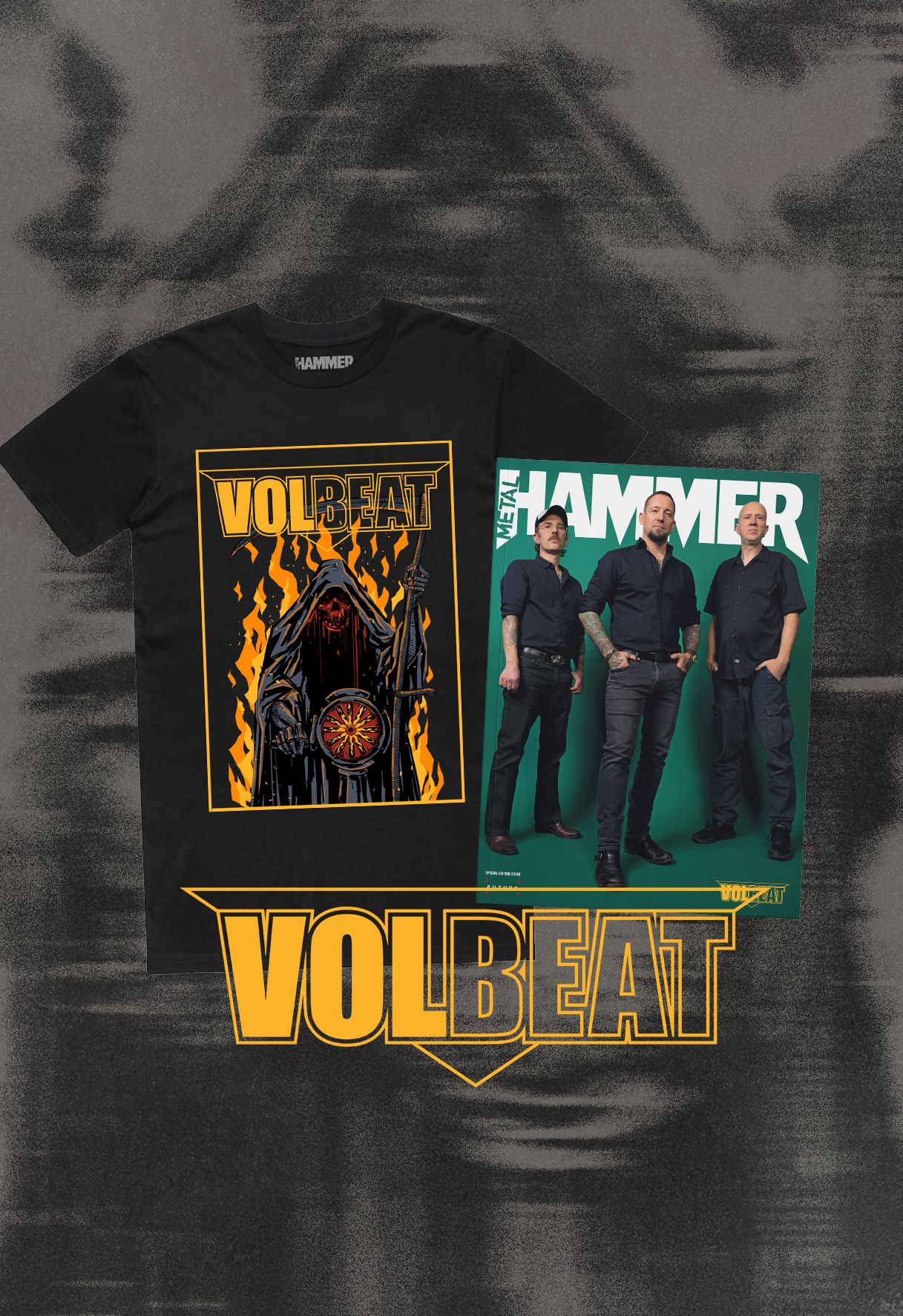 Metal Hammer issue 401 with Volbeat on the cover, next to a Volbeat t-shirt